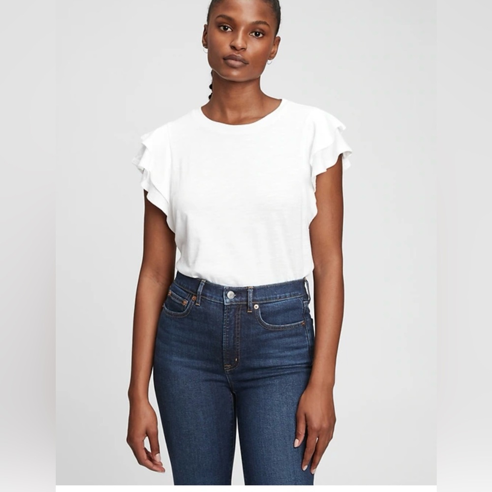 GAP white crewneck ruffle sleeve cotton blend top size XL